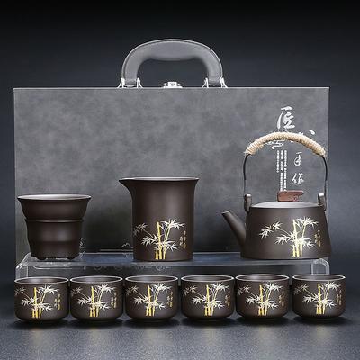 Lila Sand Schritt für Schritt Gaosheng Kung Fu Tee-Set, Handbemaltes Gold-Set, Teekanne, Haushalt Rohmineral Schlamm Teekanne, Teetassenset