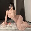 Nightclub Backless Perspective Elastic Sexy Slim Slim Slim Mesh Dress Ultra-thin Suspender Dress Home