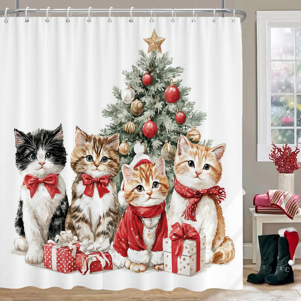 Christmas Shower Curtain, Bathroom Decorative Cartoon cat and dog Christmas Shower Curtain, Waterproof Shower Curtain with Hooks 90x180cm-35x70in