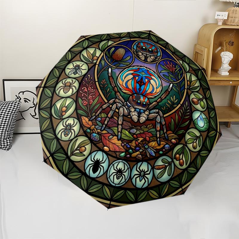 Spider Glass Mandala pattern umbrella, portable and foldable design, 8 ribs, a casual accessory for Halloween, Christmas, and birthday gifts.