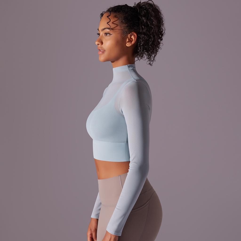 Mesh Yoga Suit Long Sleeved Quick Drying Exercise Running Fitness Bra One-piece Cup Fitness Suit Top For Women