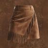 Brown Fringe Asymmetrical Suede Mini Skirt