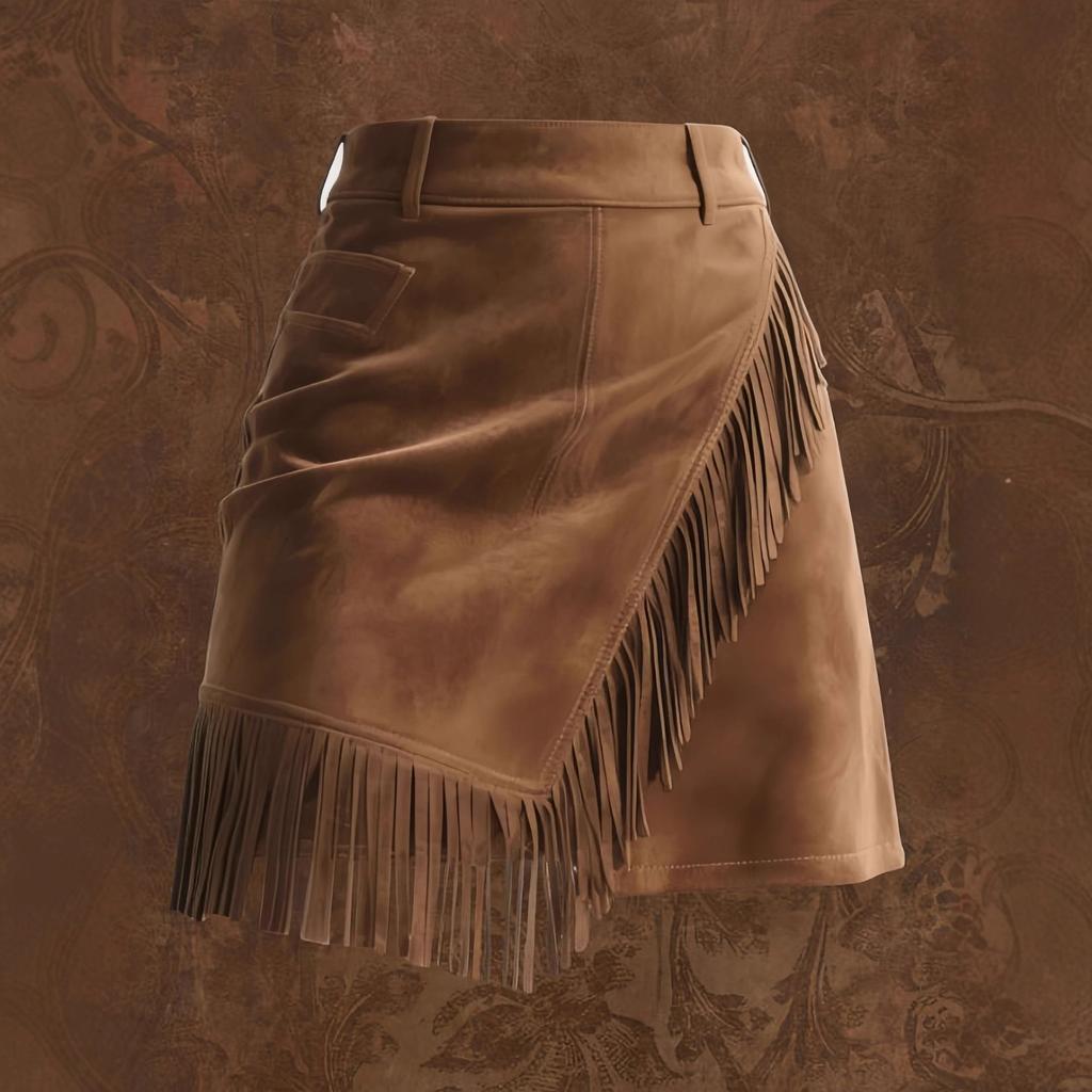 Brown Fringe Asymmetrical Suede Mini Skirt