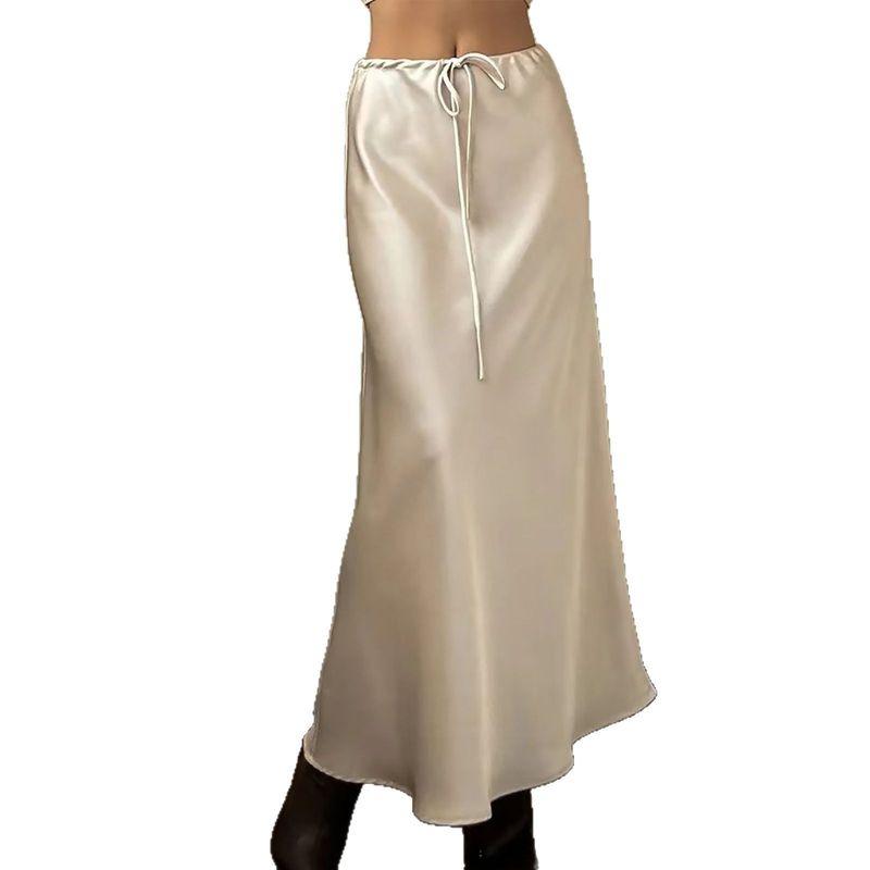 Solid Color Skirt European and American Sheath Summer Satin Long dress High Waist Drawstring Lace-up Solid Skirt