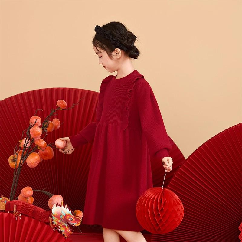 Girls' Long Sleeve Red Woolen Knit Dress – Stylish New Year Outfit for Older Children