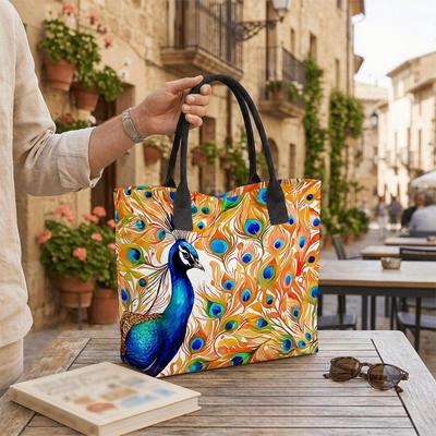 Colorful Peacock Print Large Capacity Tote Bag for Daily Shopping Travel Portable Casual Women's Handbag