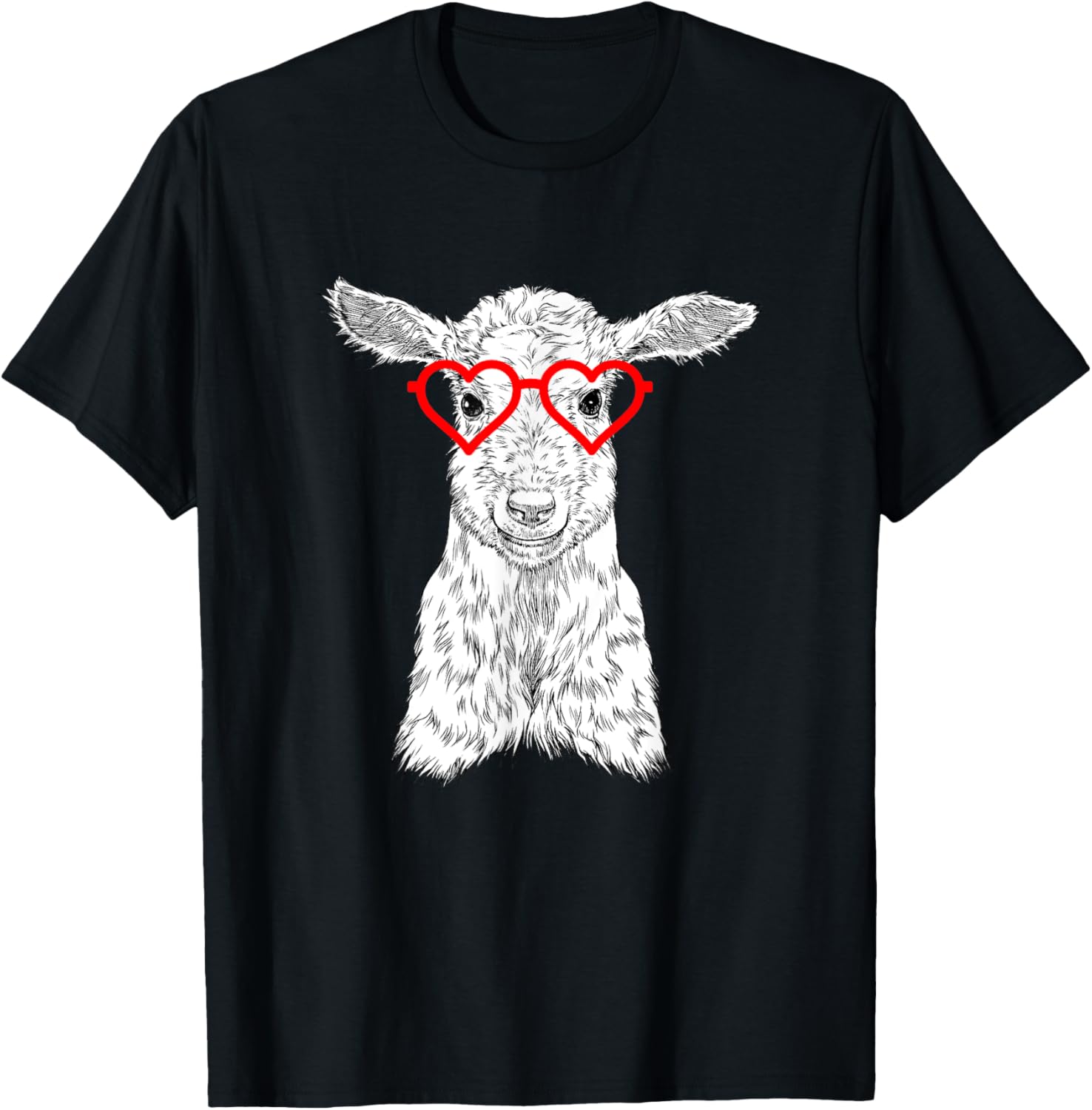 Cute Goat with Heart Glasses Valentines Day Farm Animal Lover Graphic Tee S