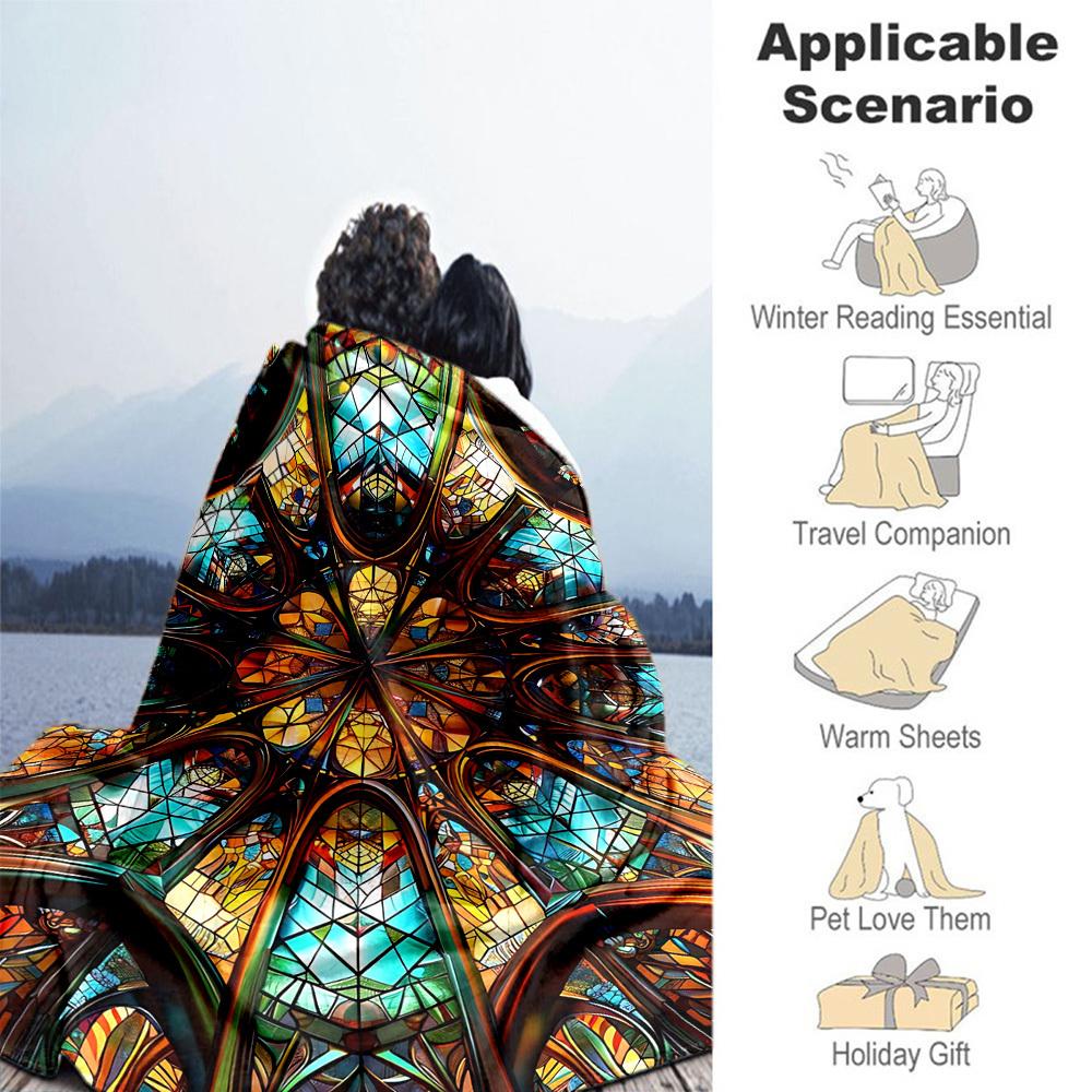 1PC Stained Glass KaleidoscopeOutdoor Flannel Blanket - Soft Plush Decor for Picnics, camping, Bedroom, Playroom, Office, or Lunch Break 1310A