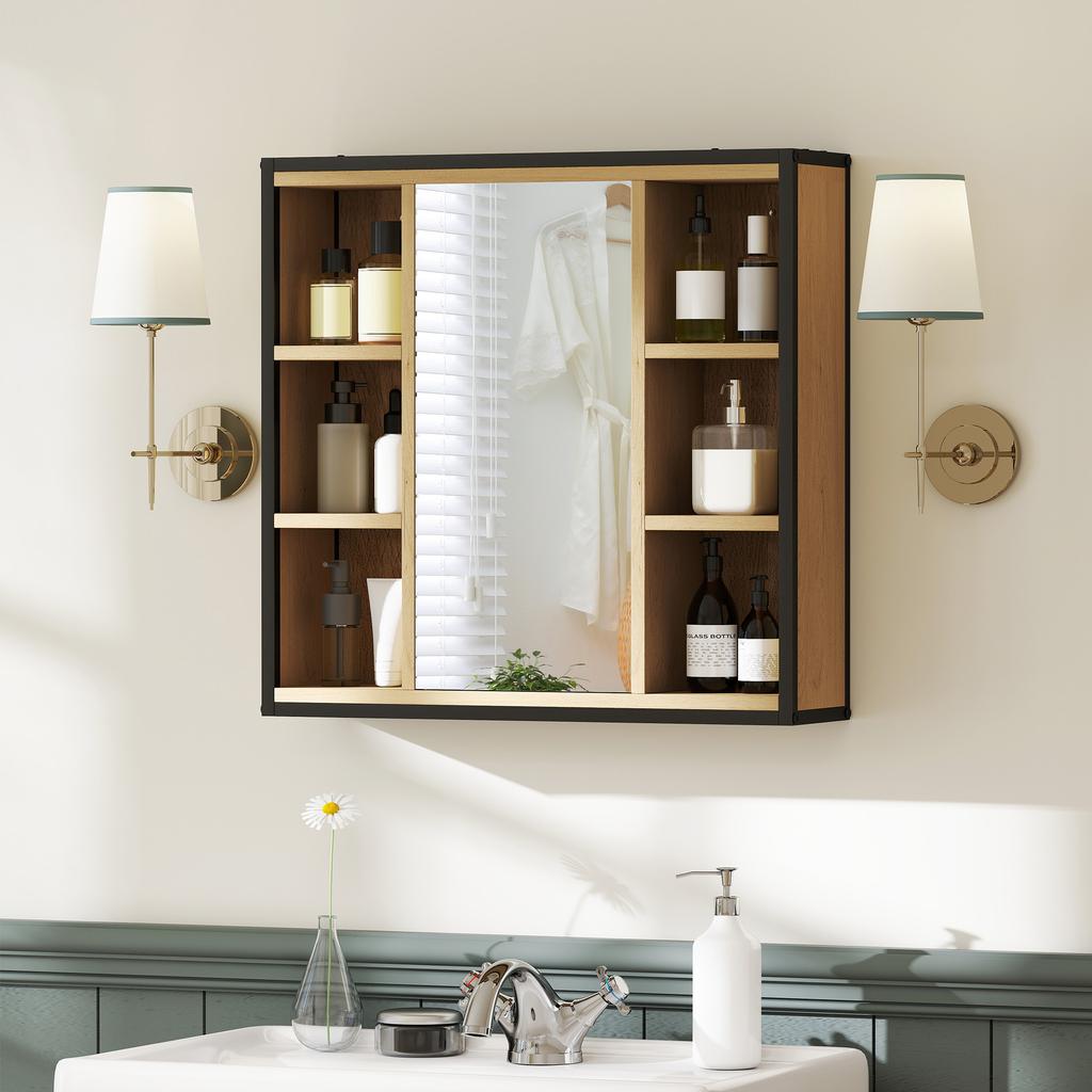 Badezimmerspiegel-Schrank, 6 offene Fächer, 3-stufiges Regal, Wandmontage, Eiche