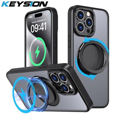 KEYSION Shockproof Matte Case for MagSafe for iPhone 15 Pro Max 14 13 Pro 360 ° Rotating Magnetic Ring Transparent Phone Cover