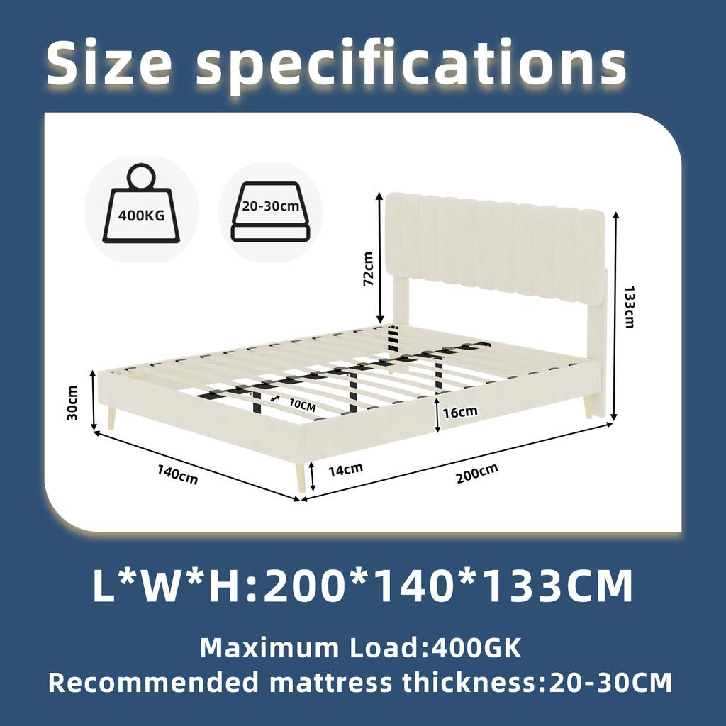 Modern Minimalist Upholstered Bed with Soft Headboard, beige, Low-Profile Base (Non-Storage Design), Included140*200cm mattress.