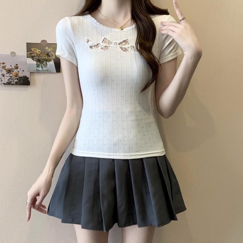 Women s Plus Size Pure Cotton Short Sleeve Round Neck Hollow-Out White T-Shirt XL Plus Size