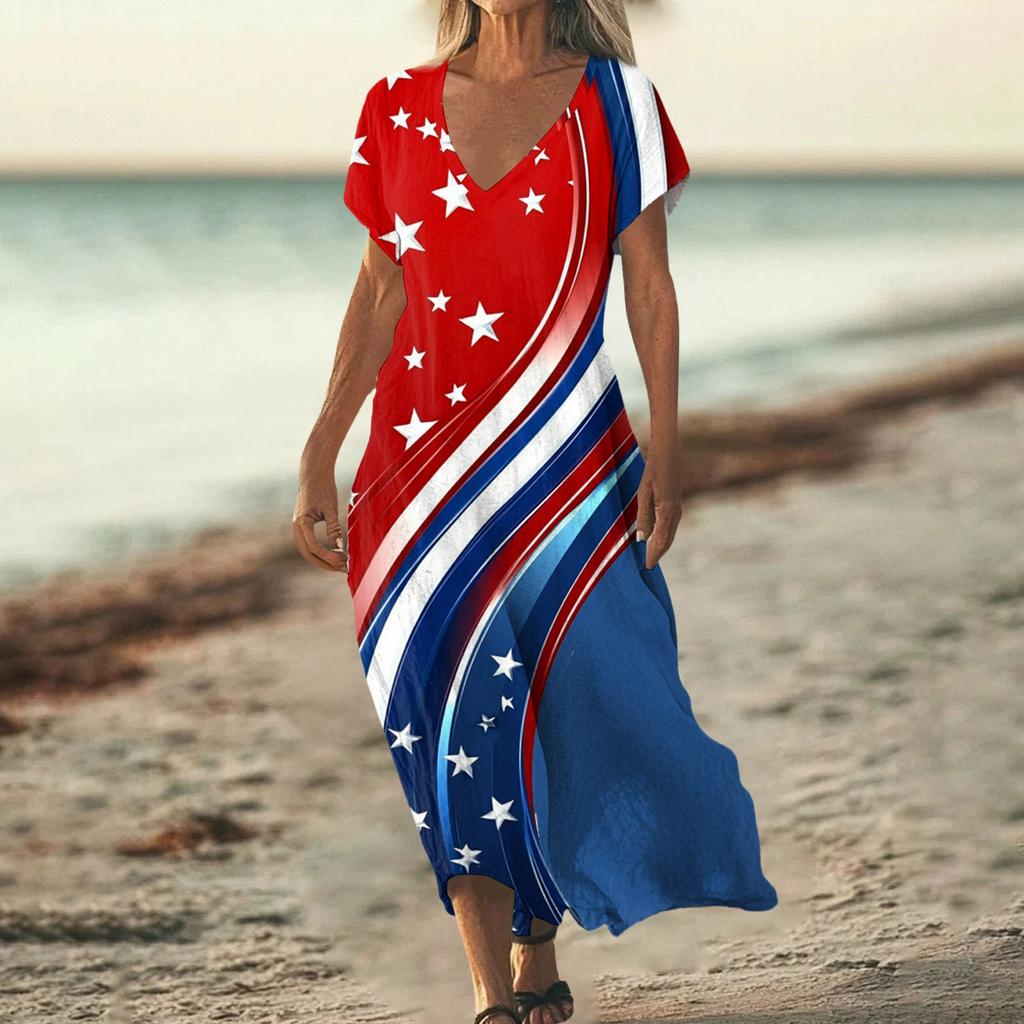 Sommerkleid Damen Lang Strandkleid Elegantes Kleid V-Ausschnitt Kurzarm Sommerkleid Leicht Luftig