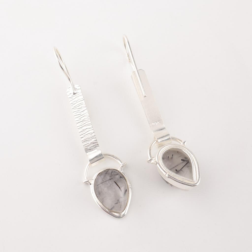 Black Rutile Gemstone 925 Sterling Silver Jewelry Handmade Girls Earrings 2.3" EE-166-25