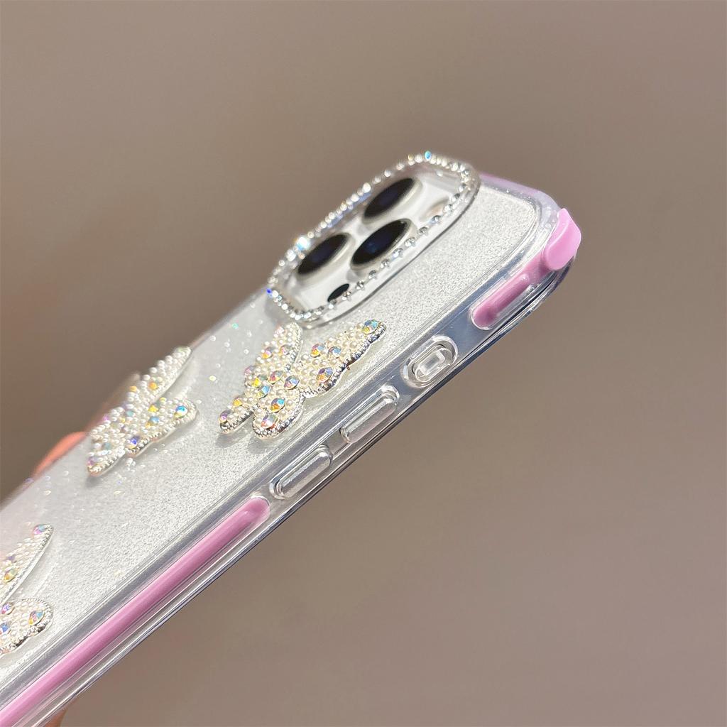 Für iPhone 16 Pro Hülle Glitzer Strassstein Dekor Schmetterling TPU + PC Handyhülle mit Perlenband