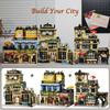Street View Modular Coffee Restaurant Retro Flower House with Architecture Building Block Sets Toys for Kids