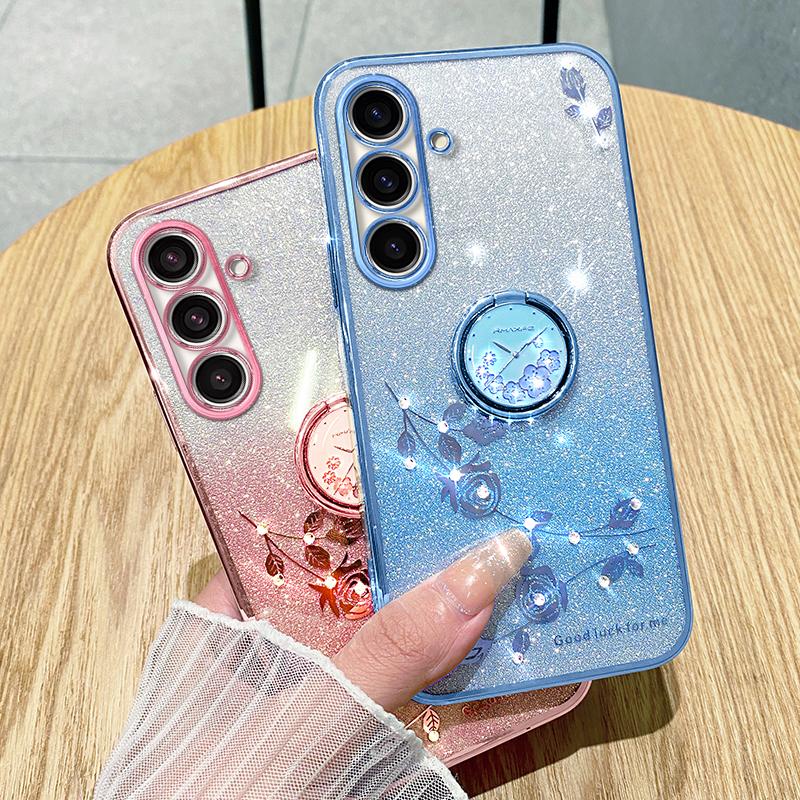 KADEM For Samsung Galaxy M52 5G Flower Pattern Back Cover Ring Kickstand Glitter Gradient TPU Phone Case