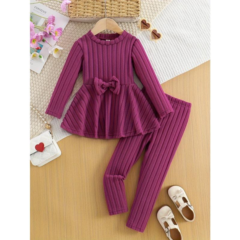 Chic Girls' Bow-Knot Long Sleeve Dress & Pants Set - Cozy Fleece-Lined, Solid Color, Machine Washable - Perfect for Fall/Winter, Perfect for Outdoor