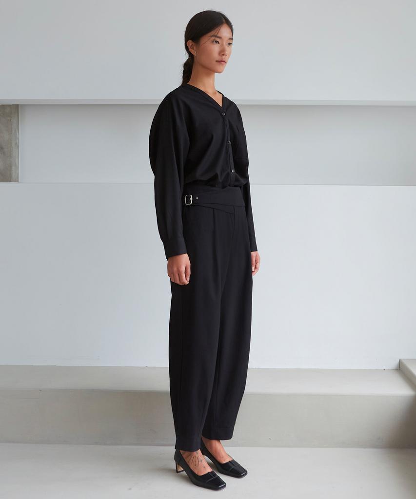 Moeoolleseu Wide Belted Wool Slacks-Black