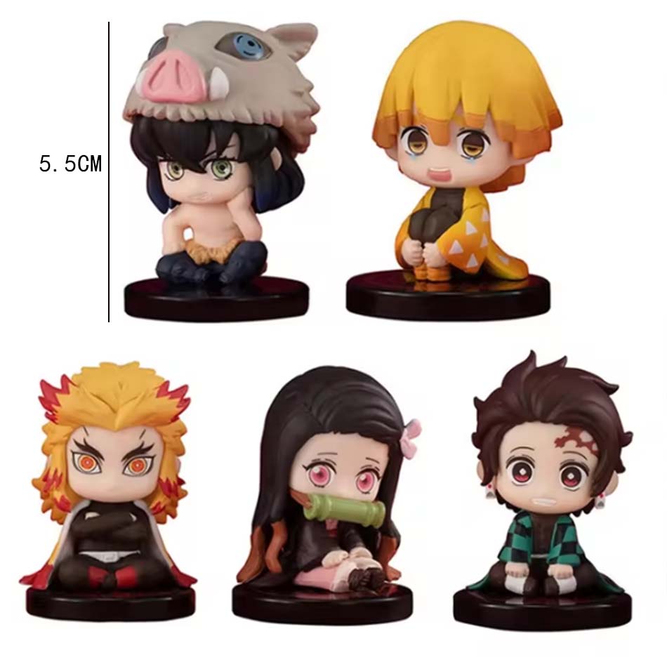 9Pcs/Set Demon Slayer Q Version Sitting Figure Toy Anime Kimetsu no Yaiba Tanjiro Nidouzi Inosuke Zenizu PVD Figurine Model Doll