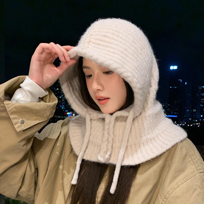 Autumn and winter hats women's fashion versatile balaclava hat scarf integrated warm knitted wool hat