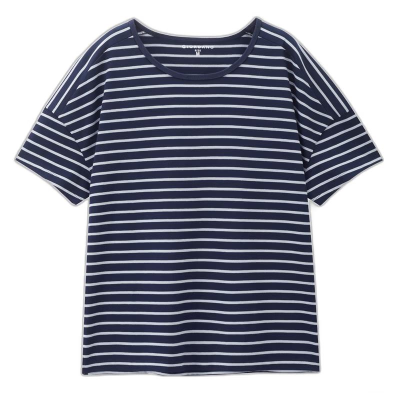 Giordano Women s Pure Cotton Striped Loose Fit Mid-sleeve T-shirt XL
