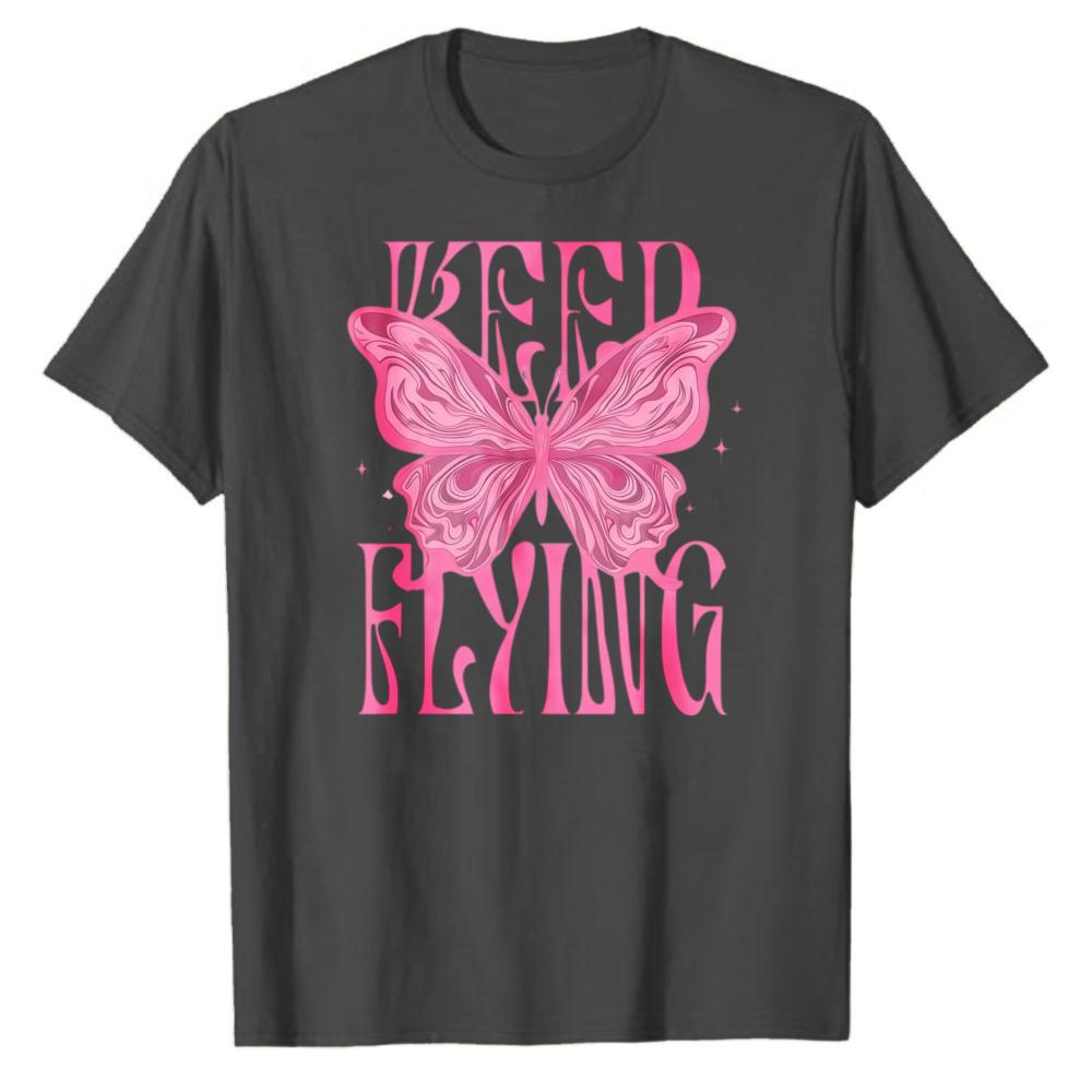 Aesthetic Pink Butterfly Keep Flying Letter Print Tshirt Women Cotton Tee Inspirational Quote Casual Y2K Streetwear Daily Tops