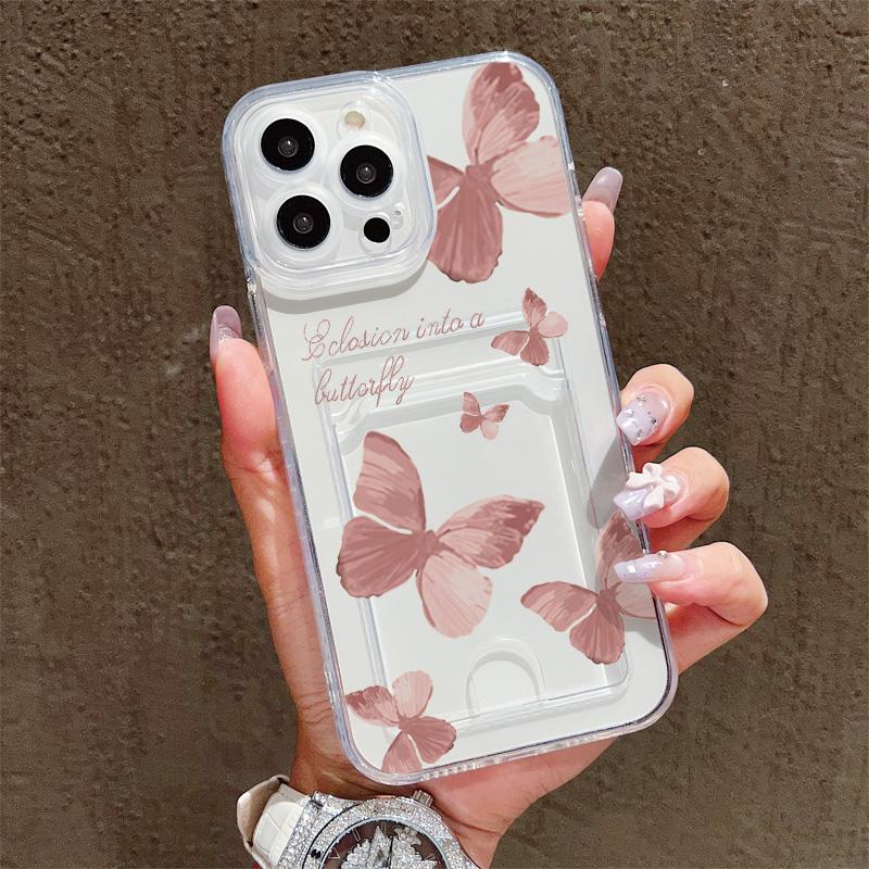 Butterflies Printed Soft TPU Clear Shockproof Casing Protective Cover Transparent Full Back Case with 1 Card Slot Holder