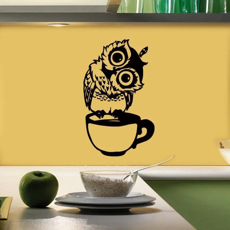 Cute Cartoon Owl On Mug Wall Stickers Coffee Decorative Decal For Kitchen Dining Room Vinyl Stickers For Coffee Bar Home Decor