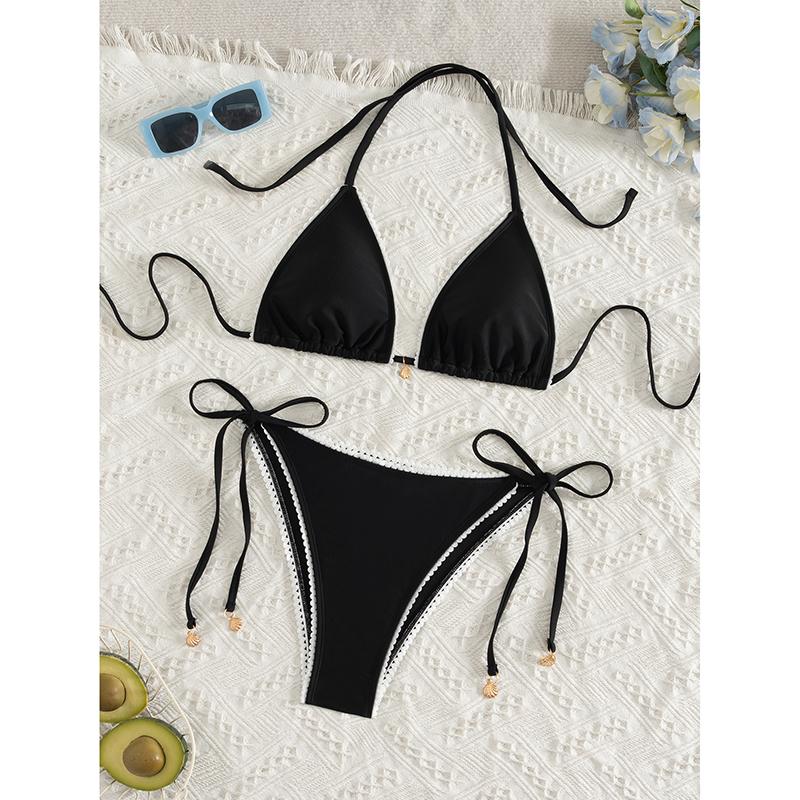 

Sexy Solid Bikini Set Women Ruffles Lace Push Up Bra Tie Side Thong Swimsuit Summer Beach Bathing Suit Micro Swimwear S чорний