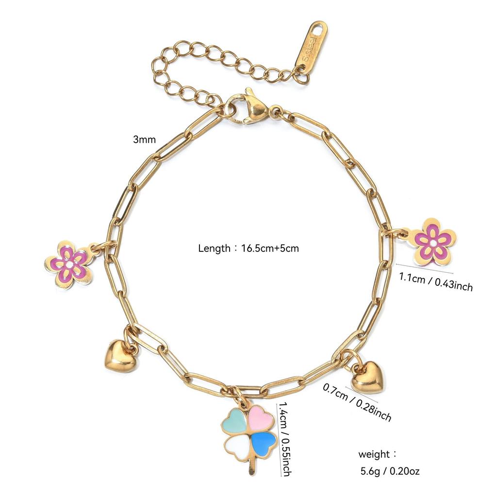 Women's Luxury Drip Oil Flower & Heart Pendant Stainless Steel Bracelet