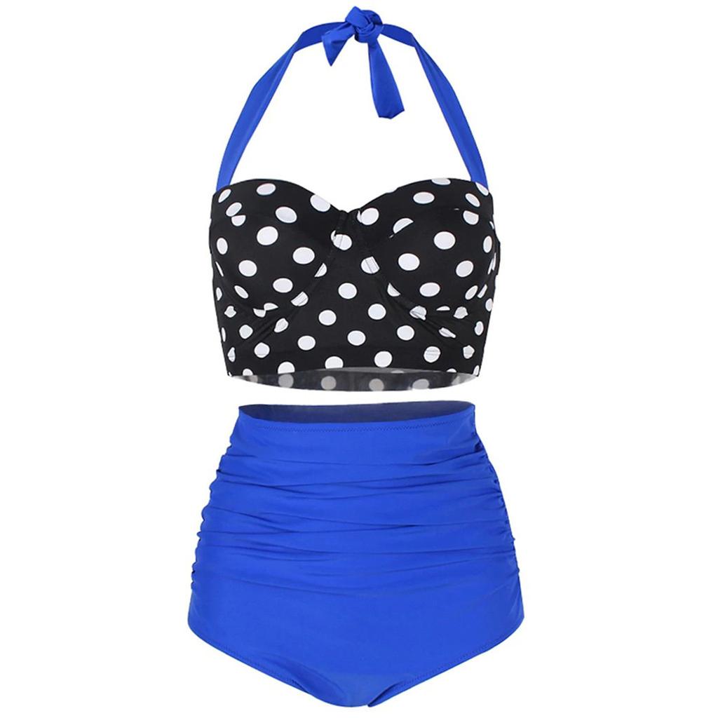 Women's Summer Fashion Casual Polka Dot Print High Waist Split Two-piece Suit  Bikini Swimsuit