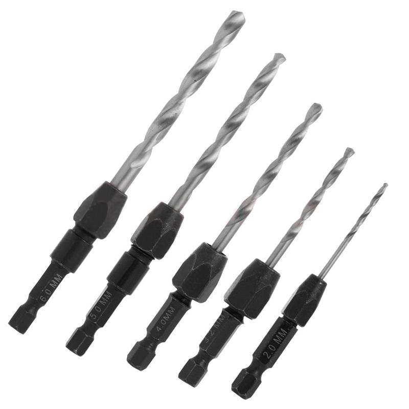 5pcs 1/4" Hex Shank Wood HSS Drill Bit Set Quick Change Tool 2/3.2/4/5/6mm