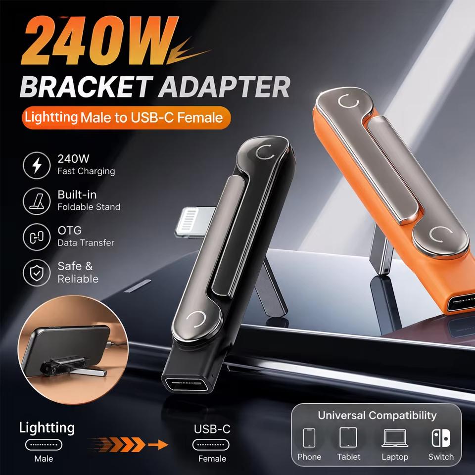 240W USB Type-c Lightning Built-in Stand Adapter Multi- Foldable Converter for Phone
