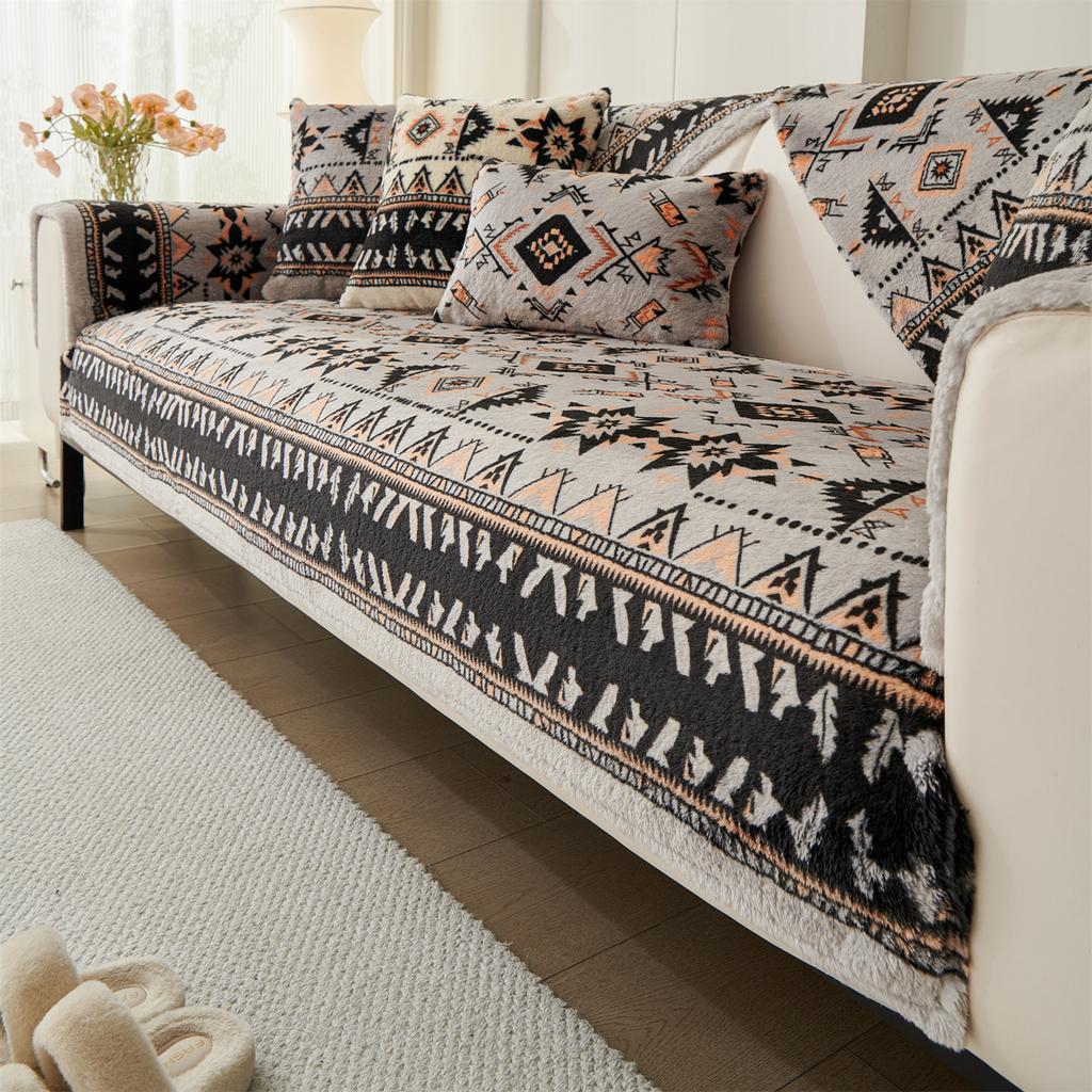 1pc Boho Print Flannel Fleece Autumn/Winter Thicken Plush Sofa Cover for Living Room Couch Cushion Slipcover Furniture Decor