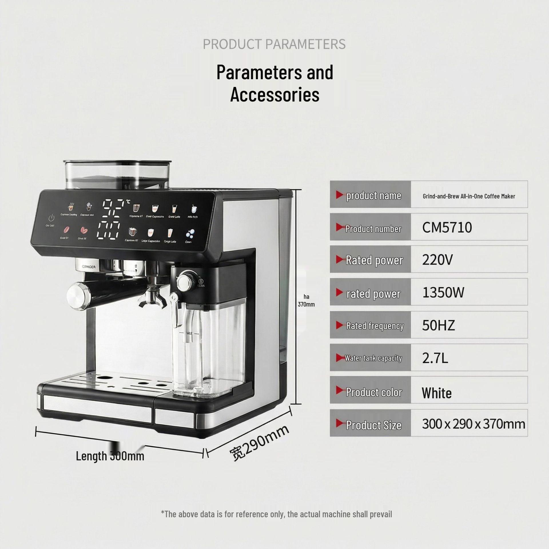 

Multi-Functional Italian Coffee Machine with Integrated Grinder, Dual Hot/Cold Extraction, Bean Grinding & Milk Frothing for Home or Office Use. EU Plug