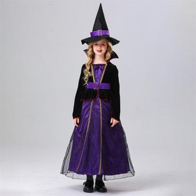 New Children's Girls Halloween Purple Witch Dress Hat Set Cosplay Costume