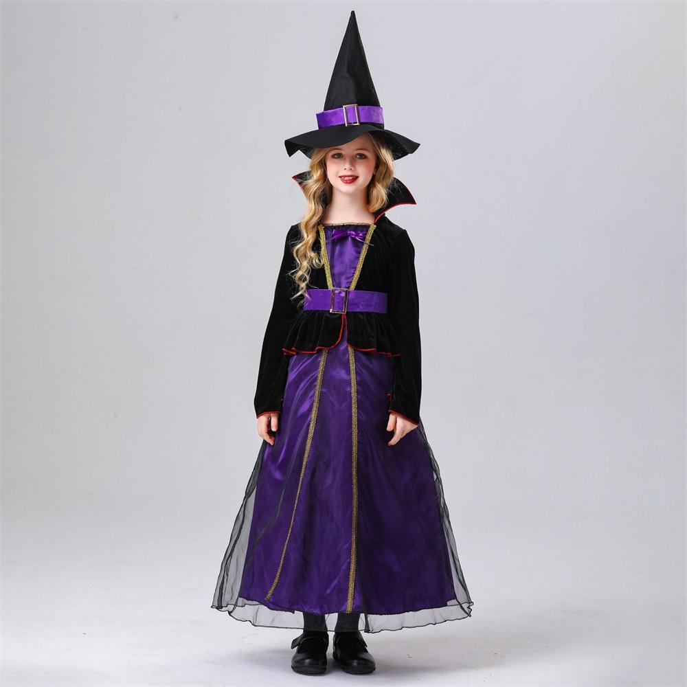 New Children's Girls Halloween Purple Witch Dress Hat Set Cosplay Costume