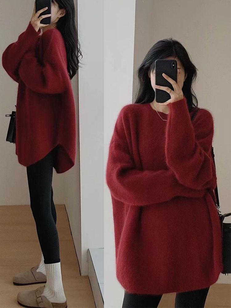 Women's Cozy Soft Sweater: Autumn-Winter 2024 Loose Mid-Length Wool Pullover