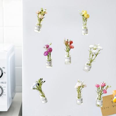 8Pcs Magnet Fridge Sticker Set Mini Vase 3D Design Refrigerator Sticker with Artificial Flowers Glow In The Dark Kitchen Office Decor