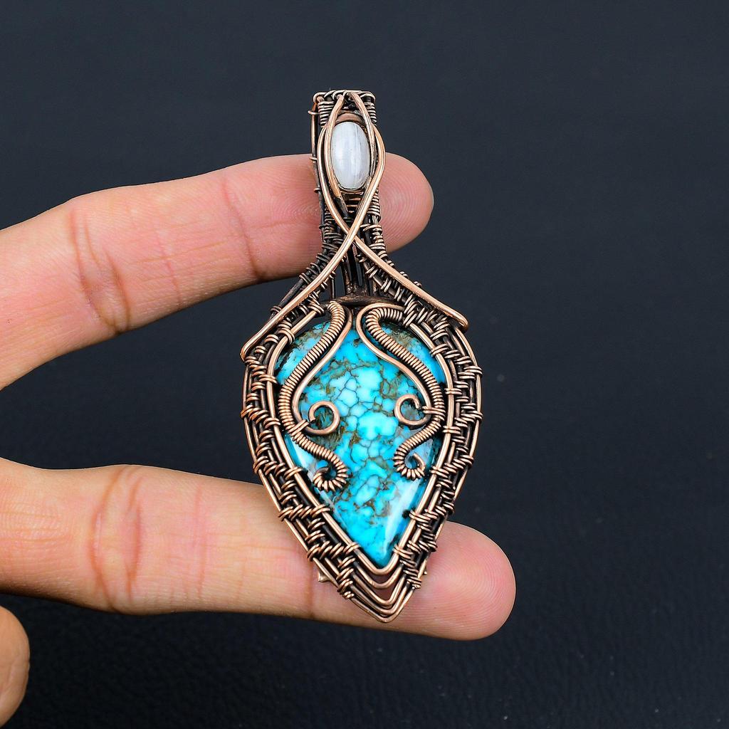 Blue Turquoise, Moonstone Gemstone Pure Copper Wire Wrapped Designer Handmade Pendant Jewelry Gift For Her