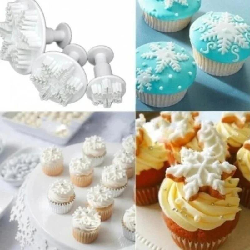 3Pcs/Set Plastic Cookies Tools Snowflake Cake Decorating Fondant Plunger Cutters Mold Mould Kitchen Bakeware Accesorios