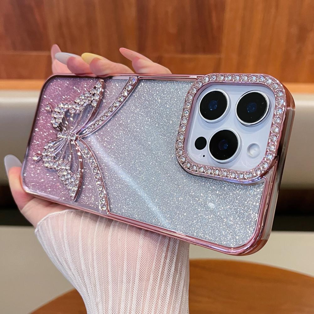 For iPhone 16 Pro Max Rhinestone Butterfly Cover For iPhone 11 12 13 14 15 Plus Gradient Color Flash Electroplated Luxury Shell