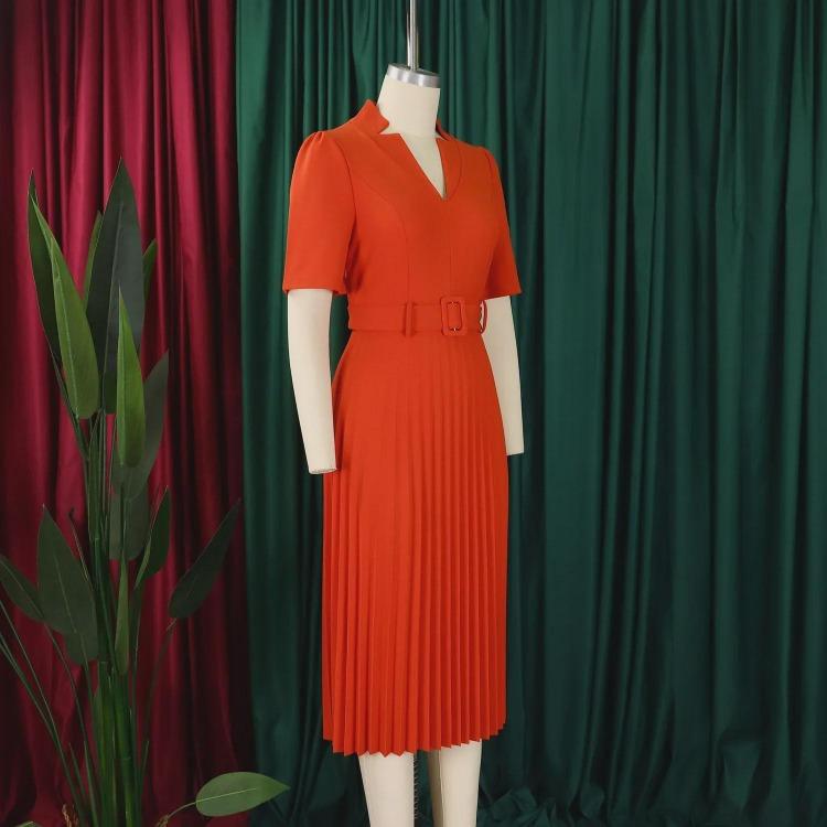 Women Summer Pleated High Waist V Neck Dress