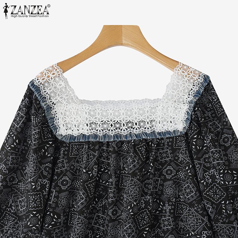 ZANZEA Women Summer Lace Splice Square Neck Casual Short Sleeve Print Blouse