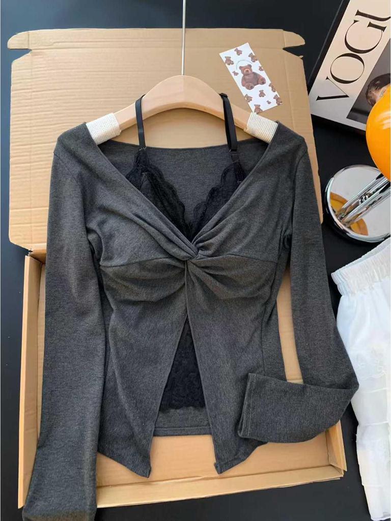 2025 Women's Korean Style Lace T-shirt - Long Sleeve Two-Piece Look with Chest Pads for Autumn/Winter.