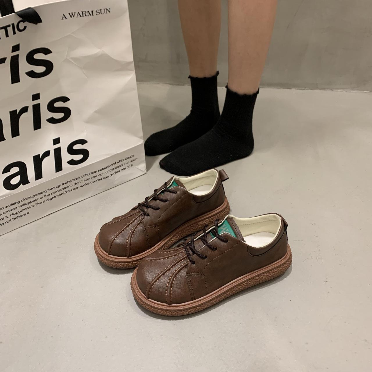 

British style loafers small leather shoes flat white shoes 2025 autumn new shell head single shoes student casual shoes women 40 коричневый