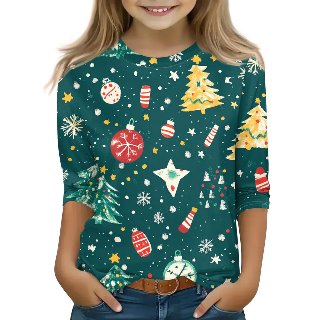 Christmas Day Print Tops For Youth Girls 5-16 Years Round Neck 3/4 Sleeves T-Shirts Trendy Tops Outfit Tees