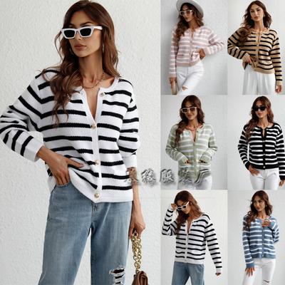 2024 Autumn And Winter New European And American Fashion Loose Women'S Striped Knitted Sweater Single Breasted Cardigan Sweater