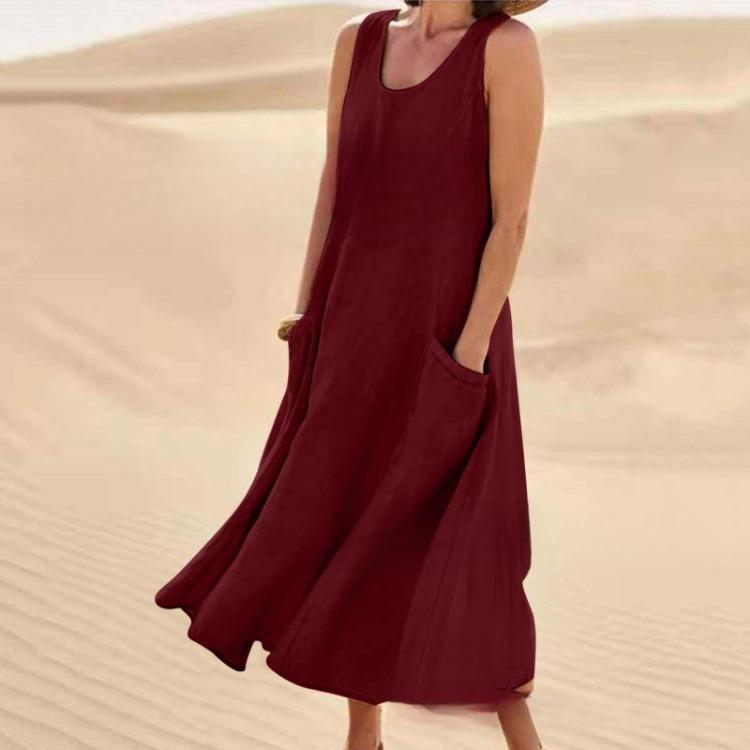 Ladies Summer Cotton Linen Dress European American Style Round Neck Sleeveless Pocket